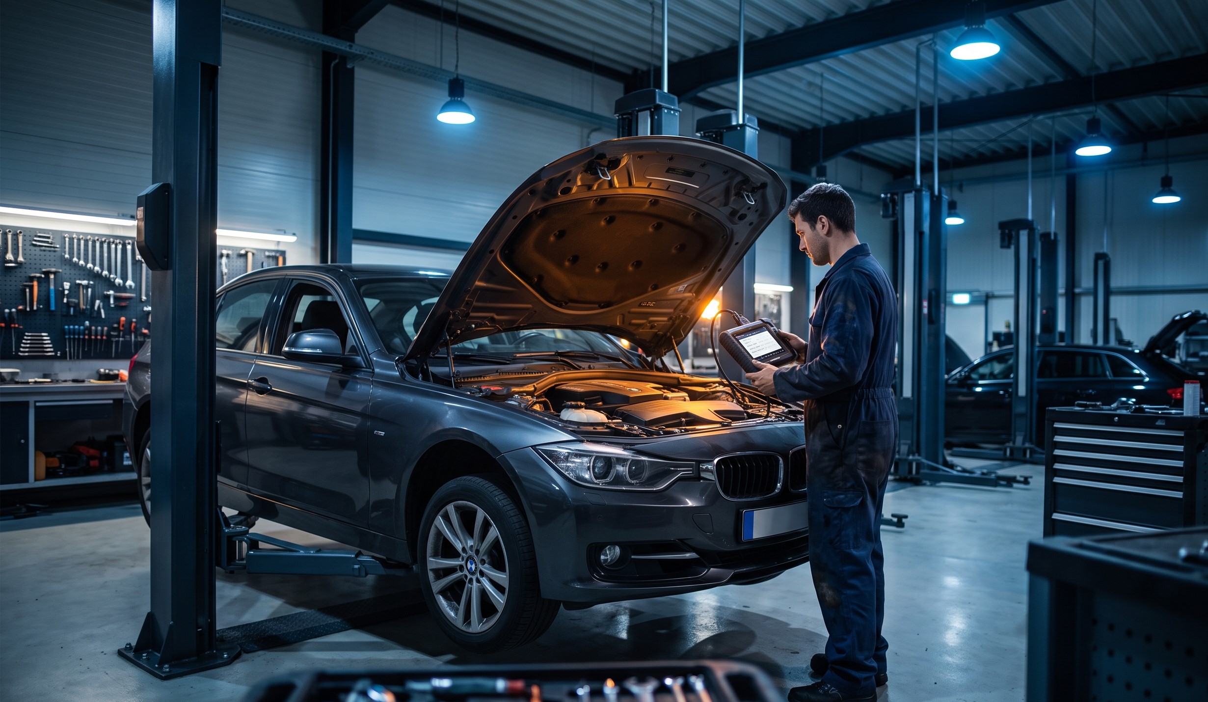 Atelier Gestipros de nuit, technicien réalisant un diagnostic électronique sur un véhicule