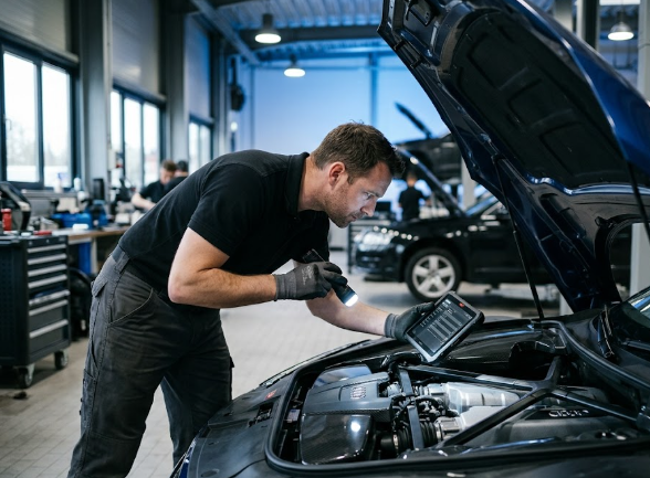Technicien Gestipros contrôlant un moteur lors d'une inspection avant achat
