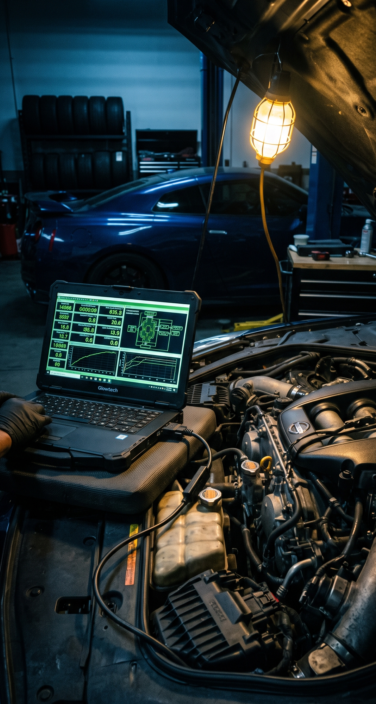 Reprogrammation moteur sur ordinateur portable connecté au calculateur d'un véhicule de performance
